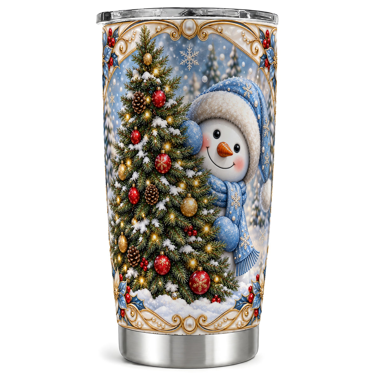 Blue Winter Snowman Tumbler 20oz, Holiday Stainless Steel Travel Cup