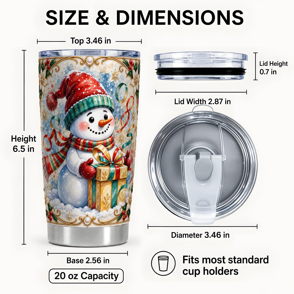 #pl[Steel] Ornate Christmas Snowman Tumbler 20oz, Holiday Stainless Steel Travel Cup