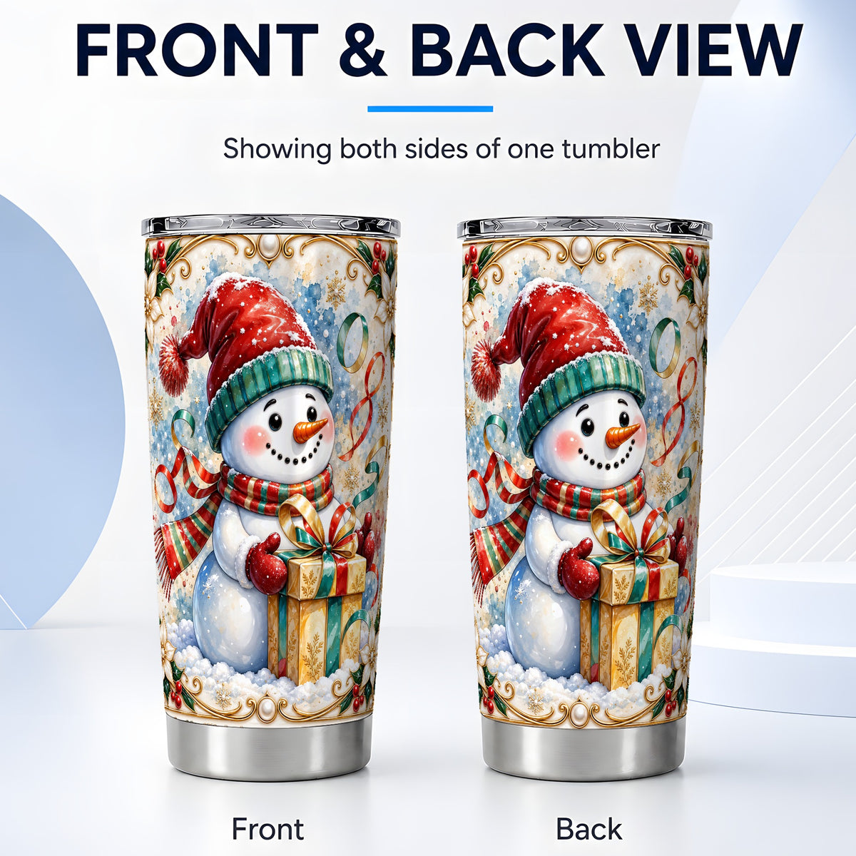 #pl[Steel] Ornate Christmas Snowman Tumbler 20oz, Holiday Stainless Steel Travel Cup