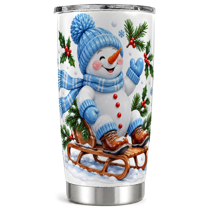 Sledding Snowman Tumbler 20oz, Winter Tumbler, Stainless Steel Travel Cup