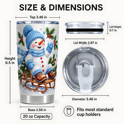 #pl[Steel] Sledding Snowman Tumbler 20oz, Winter Tumbler, Stainless Steel Travel Cup