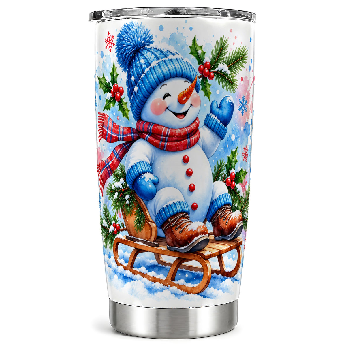 Watercolor Snowman Tumbler 20oz, Winter Tumbler, Stainless Steel Travel Cup