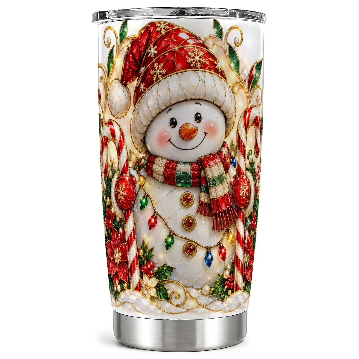Festive Snowman Tumbler 20oz, Candy Cane Tumbler, Steel Travel Cup