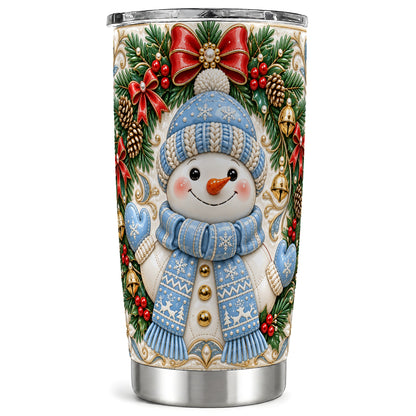 Blue Knit Snowman Tumbler 20oz, Winter Wreath Tumbler, Steel Travel Cup