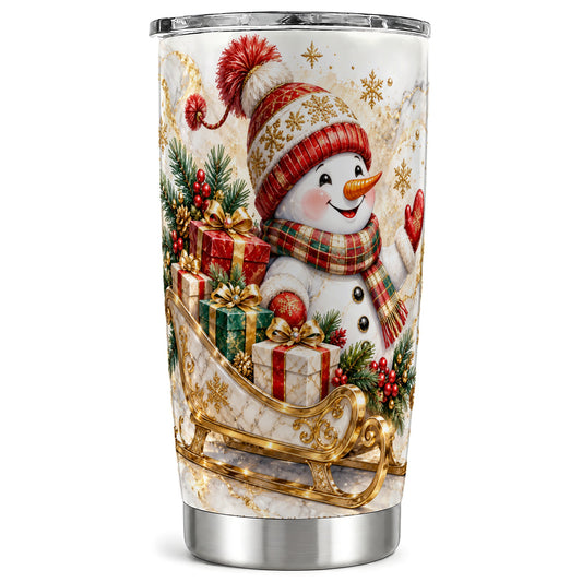 Snowman Sleigh Tumbler 20oz, Holiday Presents Tumbler, Steel Travel Cup