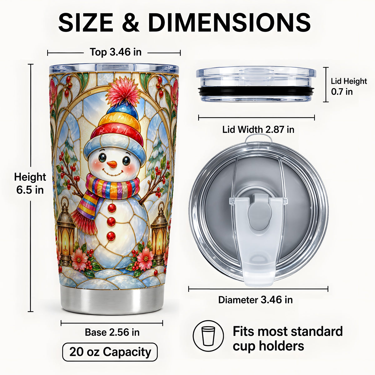 #pl[Steel] Stained Glass Snowman Tumbler 20oz, Winter Tumbler, Steel Travel Cup