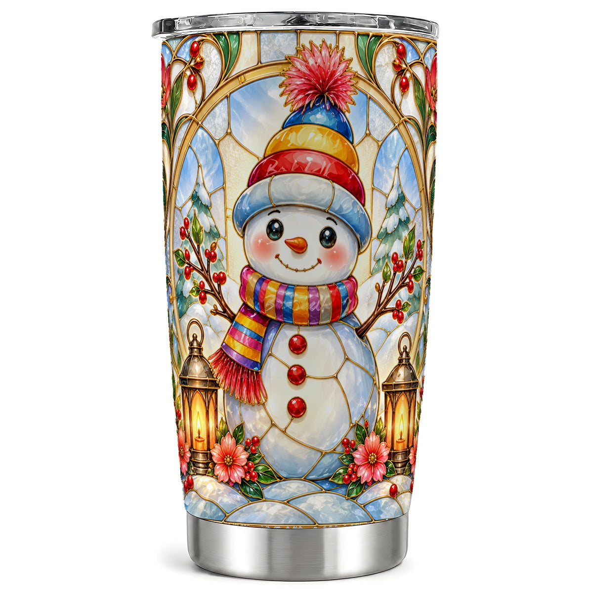 Stained Glass Snowman Tumbler 20oz, Winter Tumbler, Steel Travel Cup