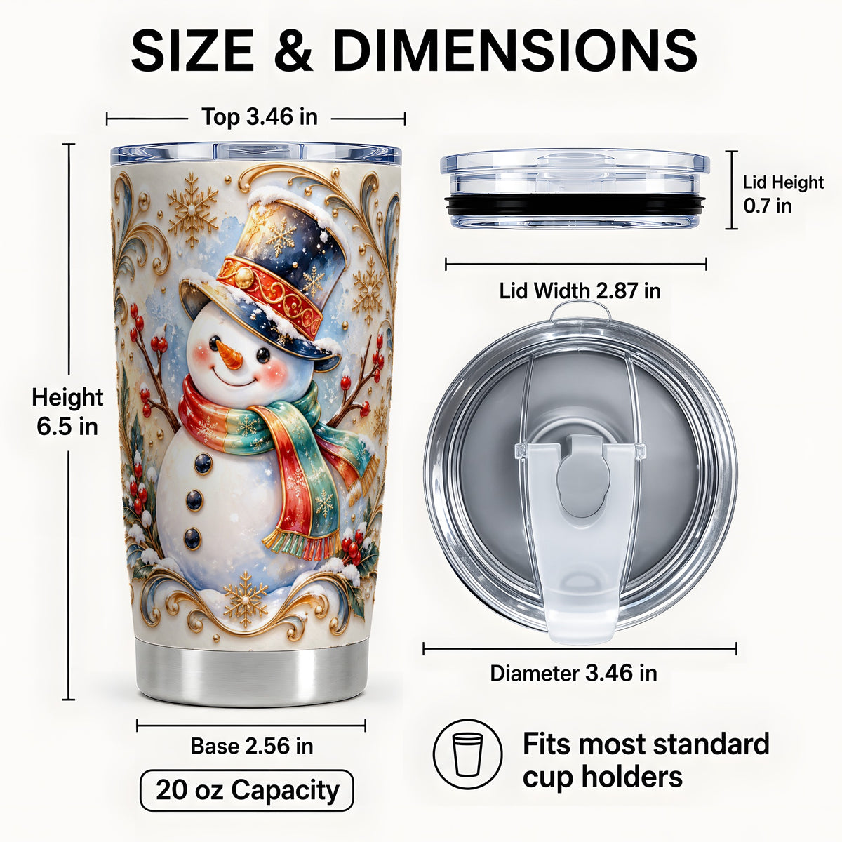 #pl[Steel] Ornate Snowman Tumbler 20oz, Winter Tumbler, Stainless Steel Travel Cup