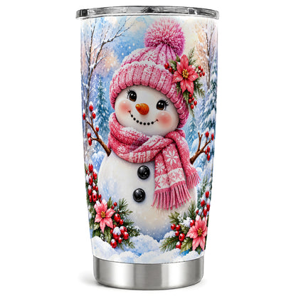 Pink Snowman Tumbler 20oz, Floral Tumbler, Stainless Steel Travel Cup