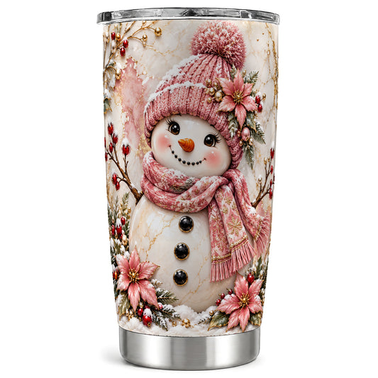 Marble Snowman Tumbler 20oz, Floral Tumbler, Stainless Steel Travel Cup