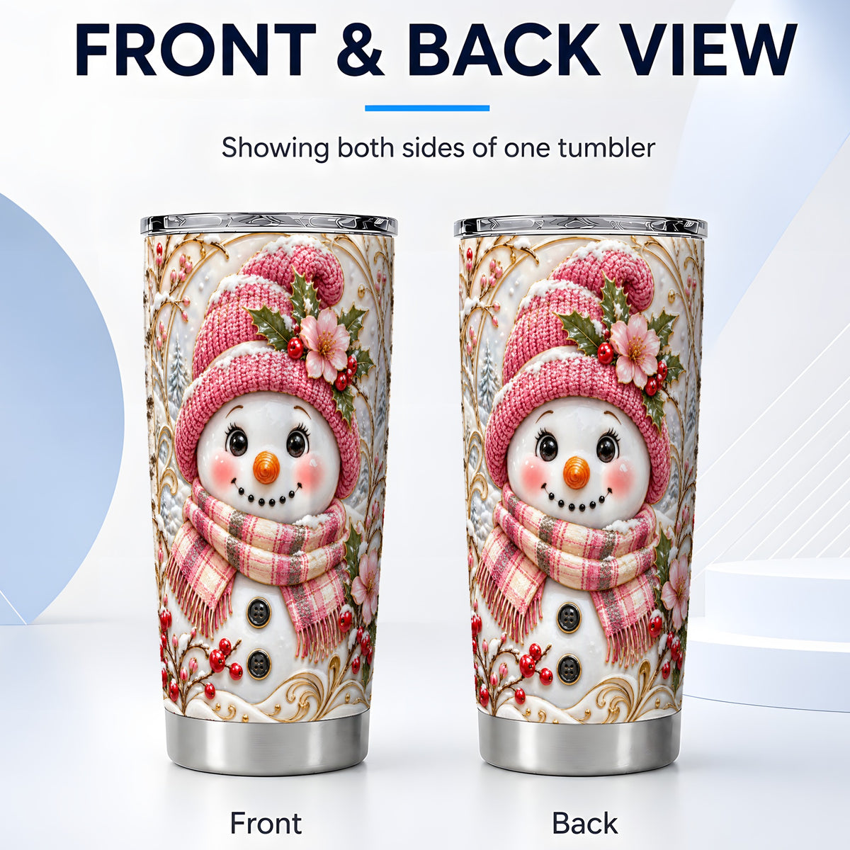 #pl[Steel] Pink Snowman Tumbler 20oz, Floral Tumbler, Stainless Steel Travel Cup