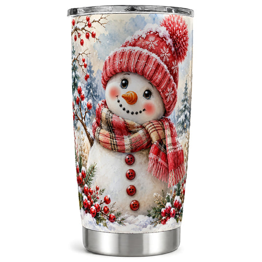 Watercolor Snowman Tumbler 20oz, Plaid Tumbler, Stainless Steel Travel Cup