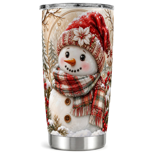 Festive Snowman Tumbler 20oz, Plaid Tumbler, Stainless Steel Travel Cup