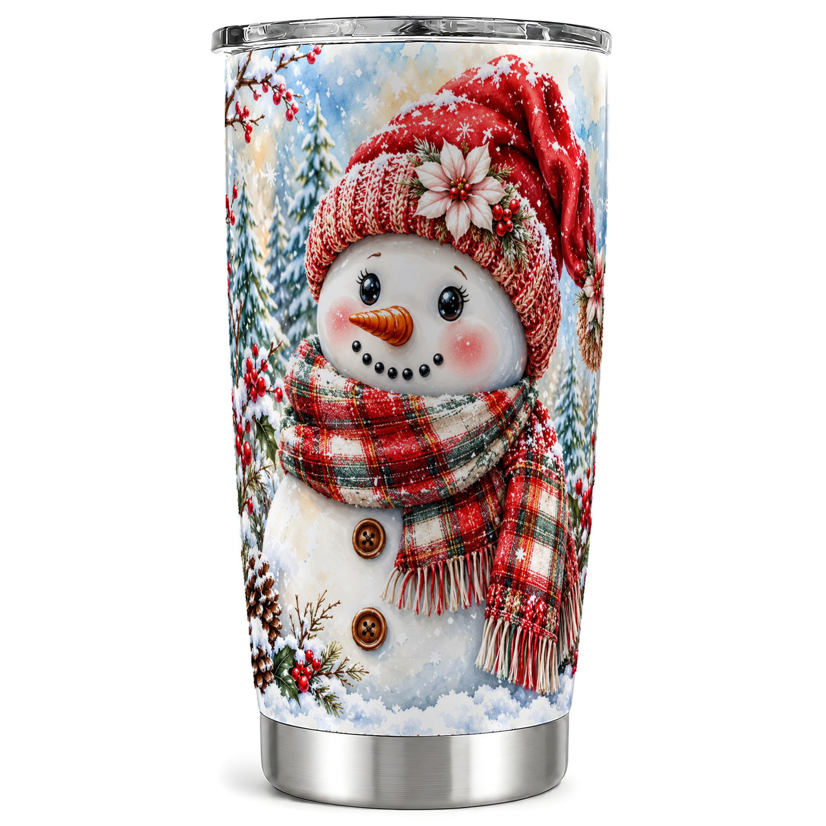 Watercolor Snowman Tumbler 20oz, Holly Tumbler, Stainless Steel Travel Cup