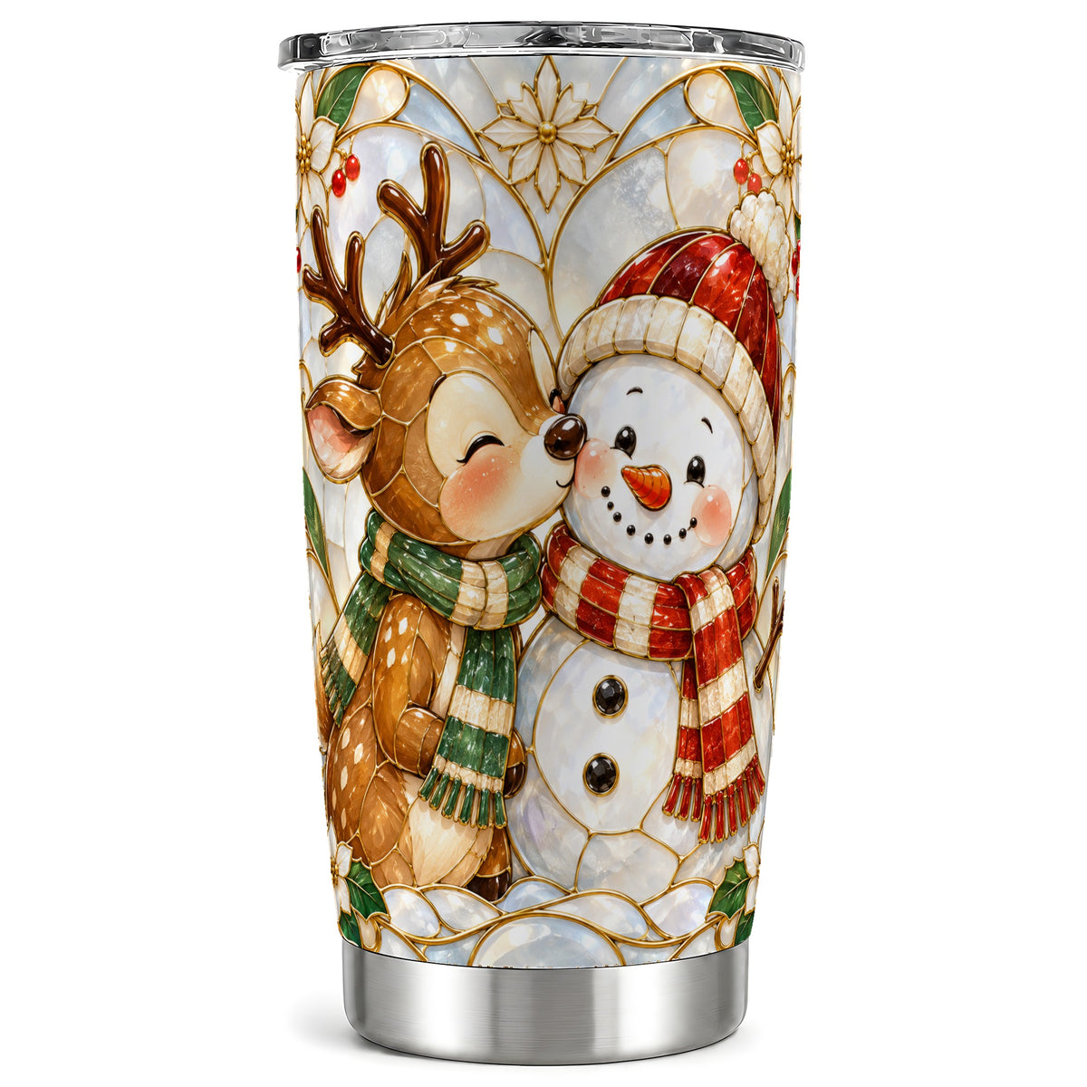 Reindeer Snowman Tumbler 20oz, Stained Glass Style Travel Cup