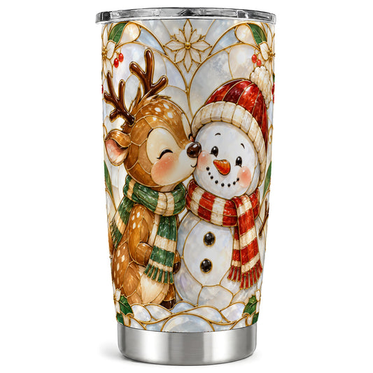 Reindeer Snowman Tumbler 20oz, Stained Glass Style Travel Cup