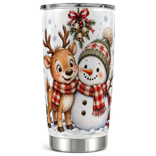 Reindeer Snowman Tumbler 20oz, Plaid Winter Stainless Steel Travel Cup