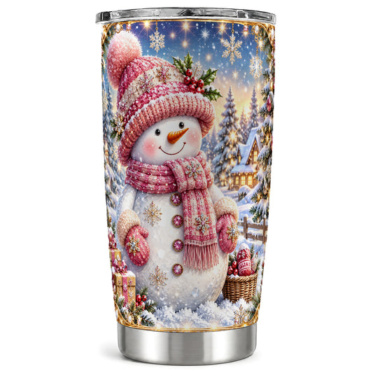 Pink Snowman Tumbler 20oz, Winter Tumbler, Stainless Steel Travel Cup