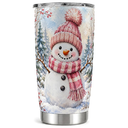 Pink Snowman Tumbler 20oz, Cozy Winter Tumbler, Stainless Steel Travel Cup