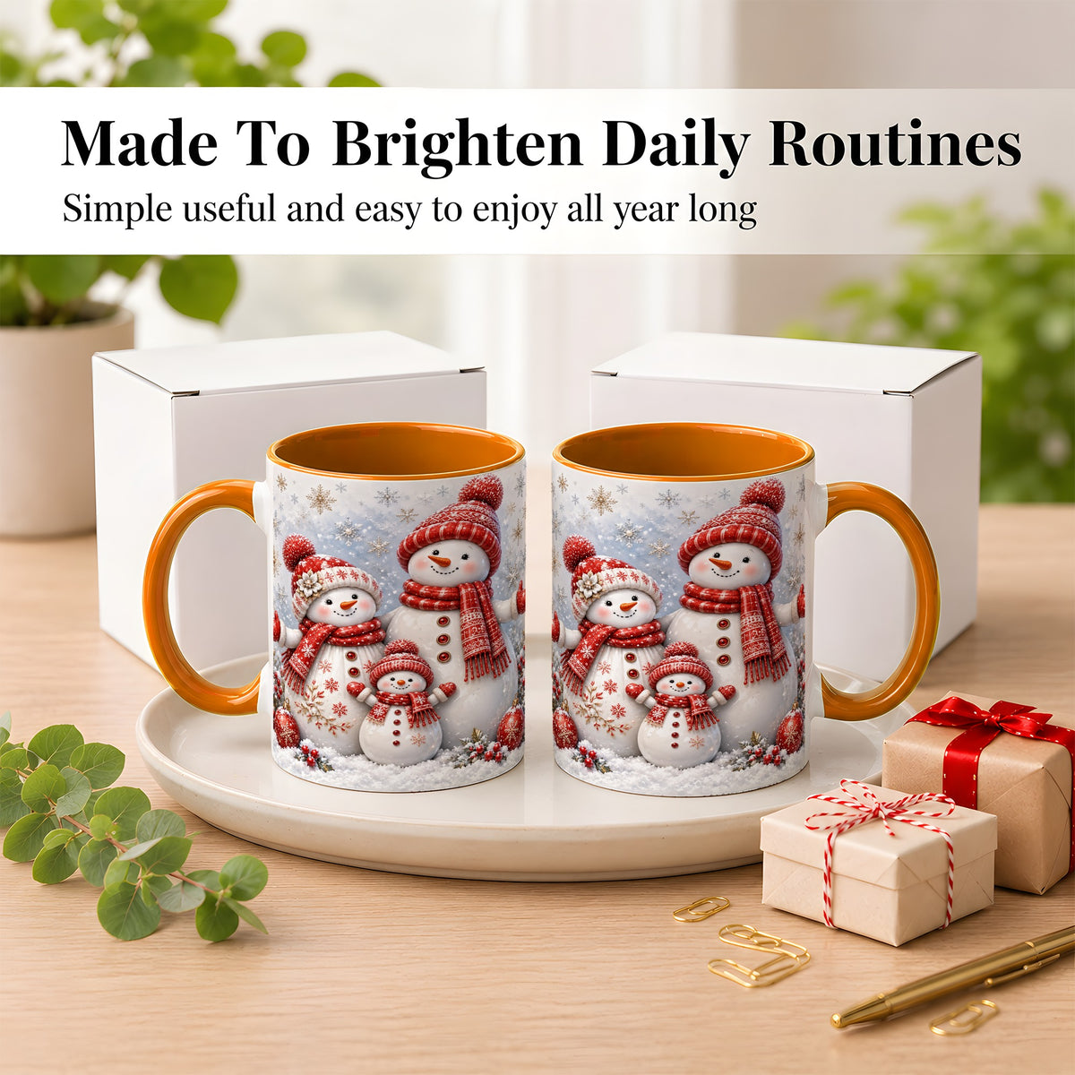 #pl[11oz|Orange] Snowman Family Coffee Mug, Winter Snowman Mug, Ceramic Cup