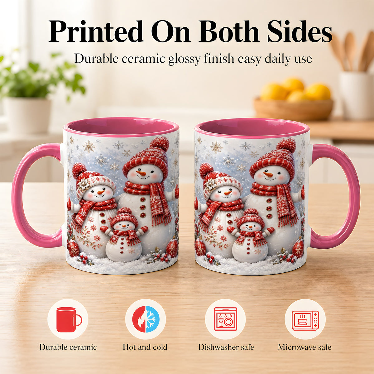 #pl[11oz|Pink] Snowman Family Coffee Mug, Winter Snowman Mug, Ceramic Cup
