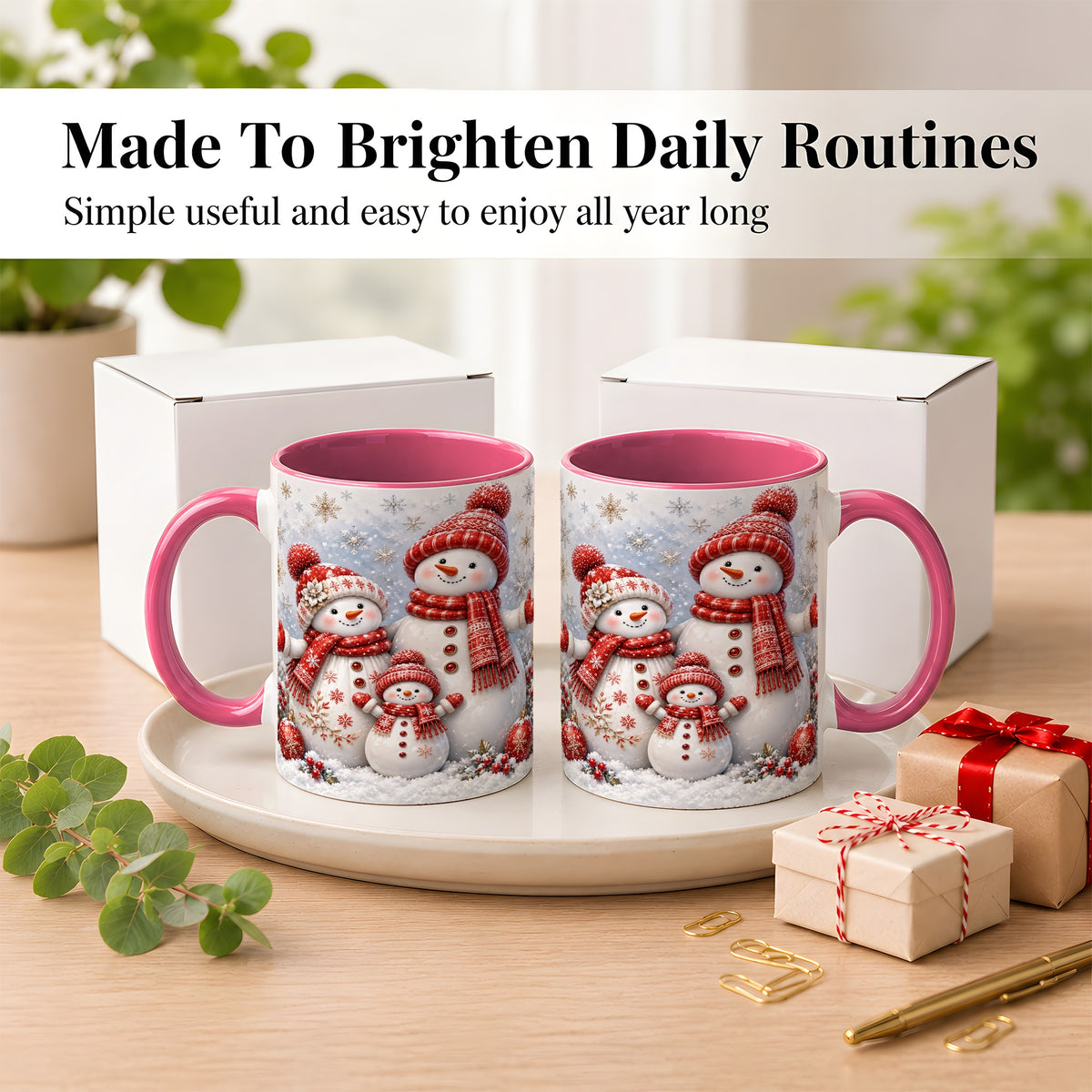 #pl[11oz|Pink] Snowman Family Coffee Mug, Winter Snowman Mug, Ceramic Cup
