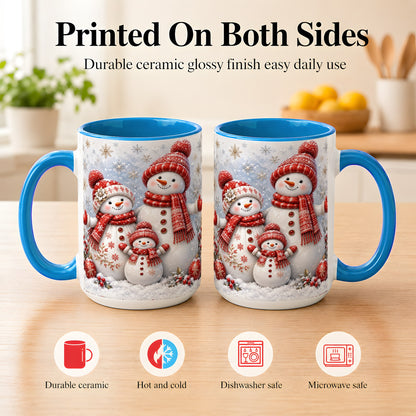 #pl[15oz|Blue] Snowman Family Coffee Mug, Winter Snowman Mug, Ceramic Cup