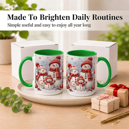 #pl[15oz|Green] Snowman Family Coffee Mug, Winter Snowman Mug, Ceramic Cup