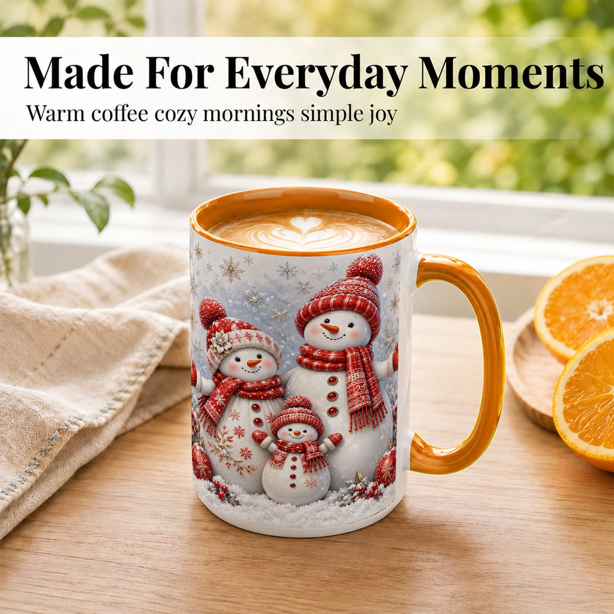 #pl[15oz|Orange] Snowman Family Coffee Mug, Winter Snowman Mug, Ceramic Cup