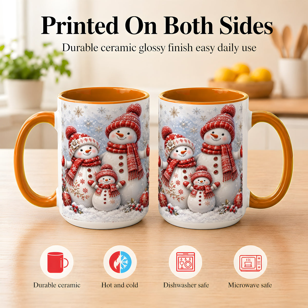 #pl[15oz|Orange] Snowman Family Coffee Mug, Winter Snowman Mug, Ceramic Cup