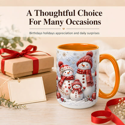 #pl[15oz|Orange] Snowman Family Coffee Mug, Winter Snowman Mug, Ceramic Cup