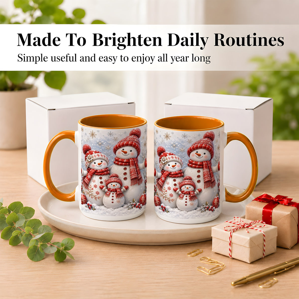 #pl[15oz|Orange] Snowman Family Coffee Mug, Winter Snowman Mug, Ceramic Cup
