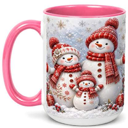 #pl[15oz|Pink] Snowman Family Coffee Mug, Winter Snowman Mug, Ceramic Cup