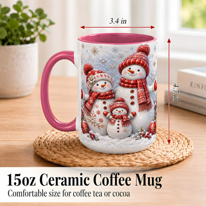 #pl[15oz|Pink] Snowman Family Coffee Mug, Winter Snowman Mug, Ceramic Cup