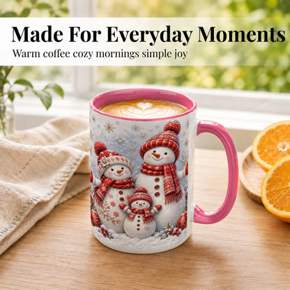 #pl[15oz|Pink] Snowman Family Coffee Mug, Winter Snowman Mug, Ceramic Cup