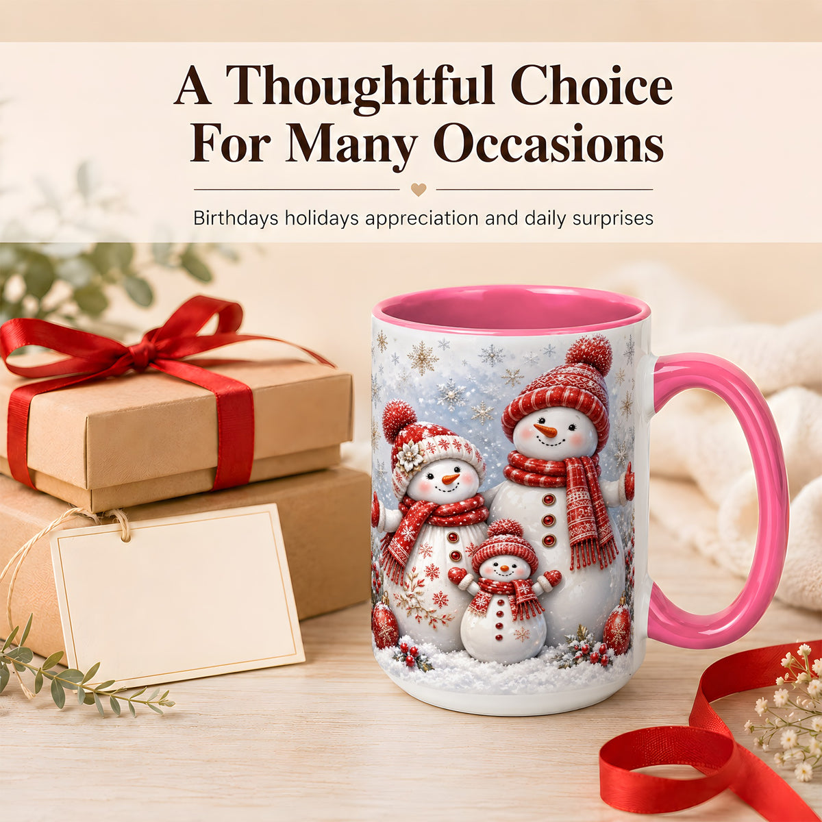 #pl[15oz|Pink] Snowman Family Coffee Mug, Winter Snowman Mug, Ceramic Cup