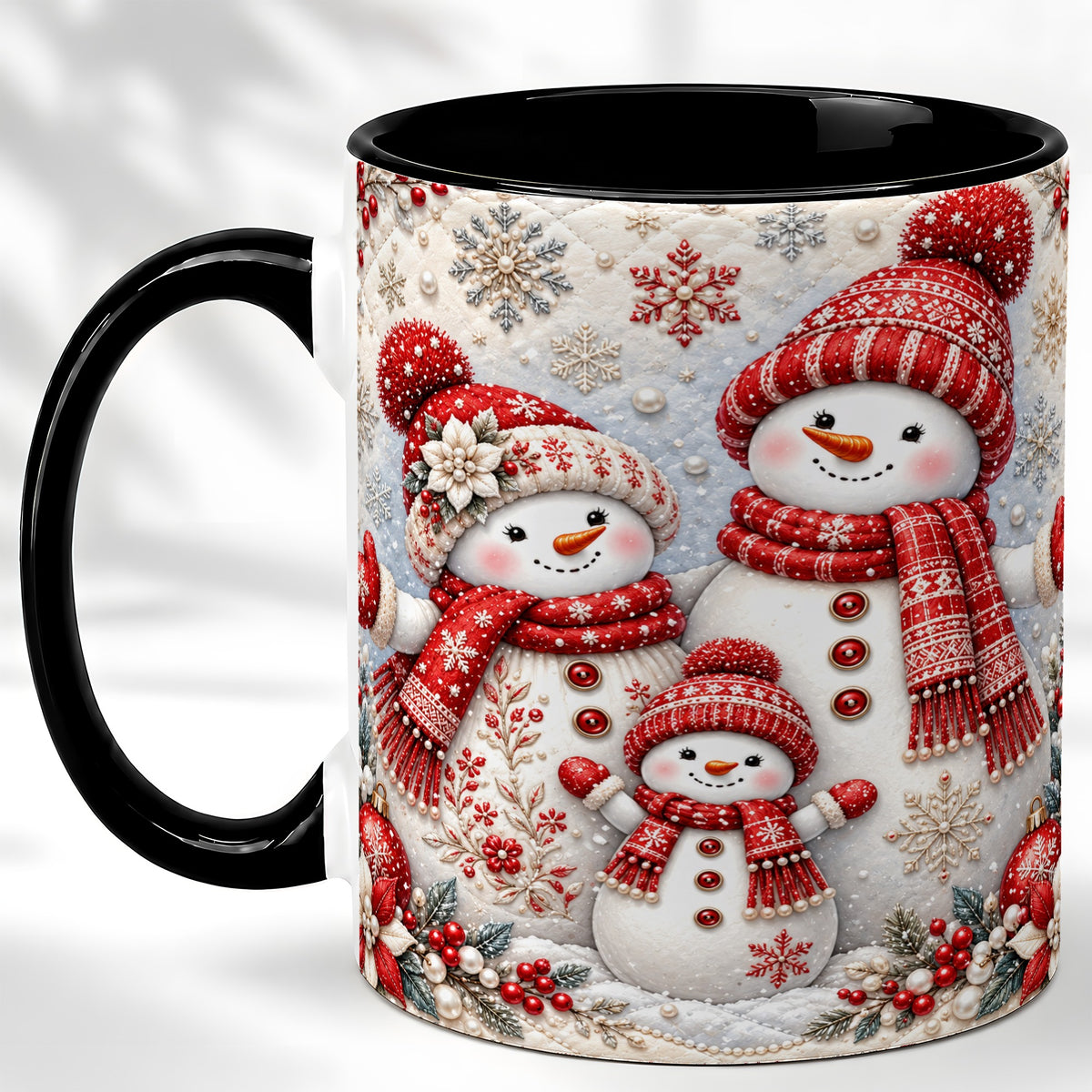 #pl[11oz|Black] Snowman Family Coffee Mug, Poinsettia Snowman Mug, Ceramic Cup