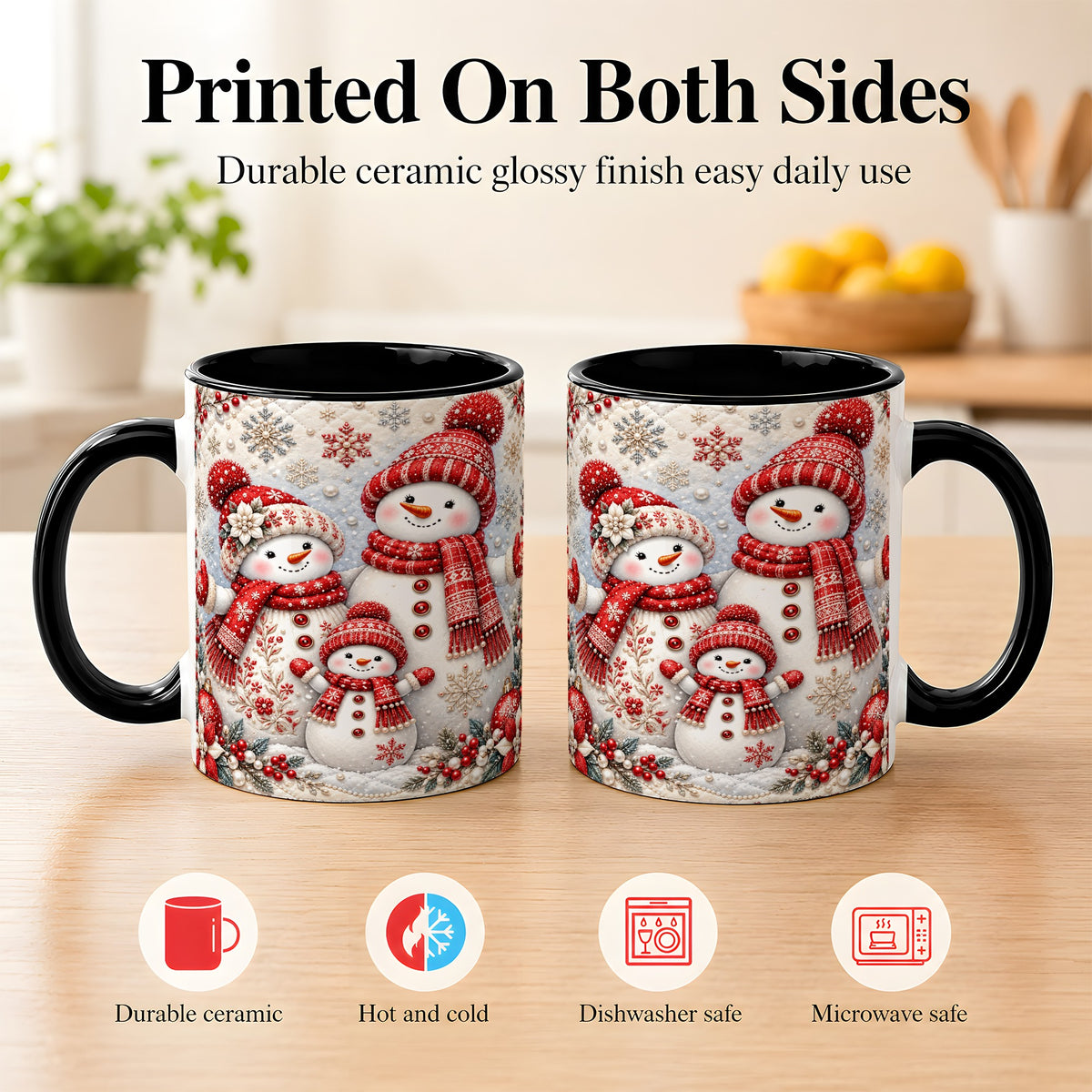 #pl[11oz|Black] Snowman Family Coffee Mug, Poinsettia Snowman Mug, Ceramic Cup