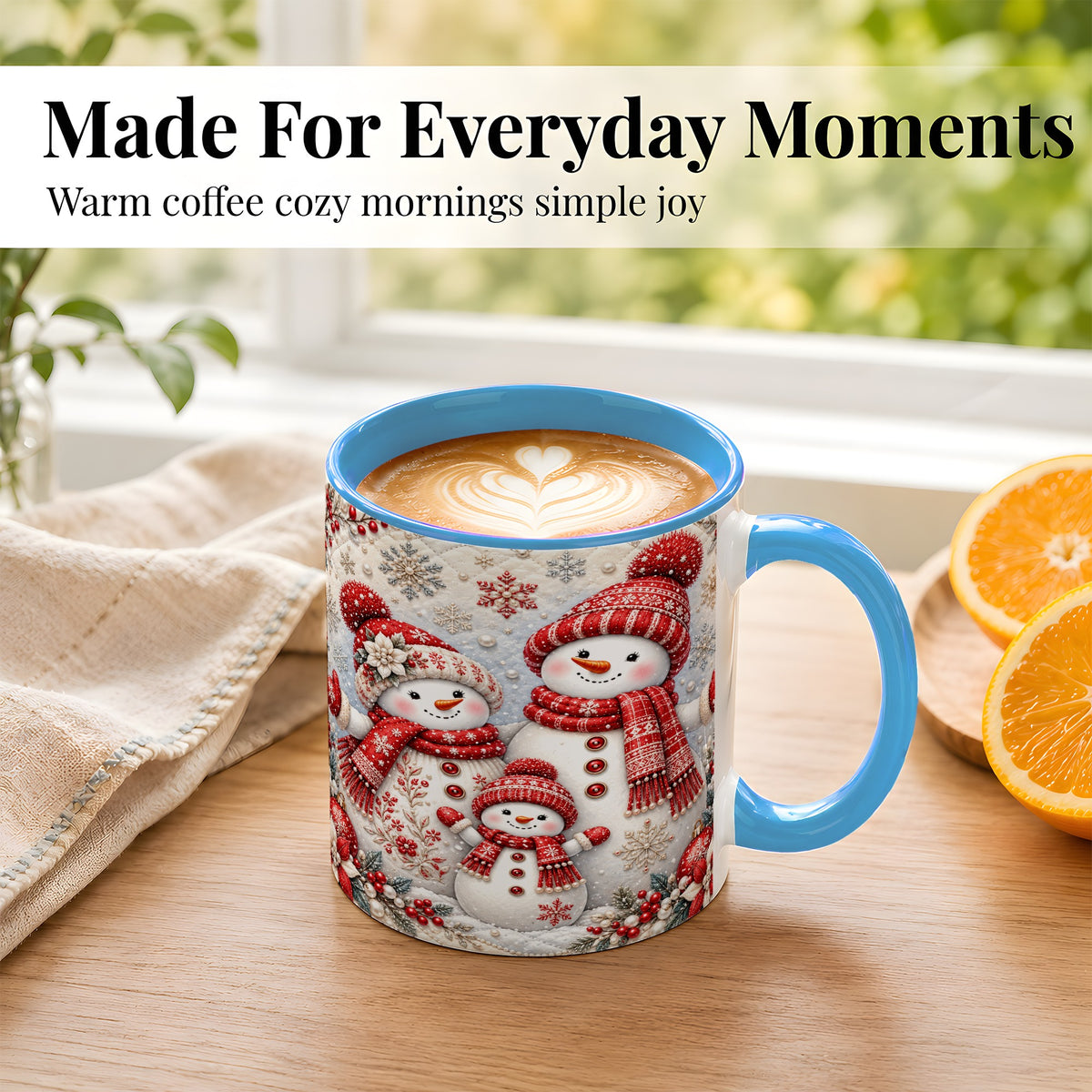 #pl[11oz|Blue] Snowman Family Coffee Mug, Poinsettia Snowman Mug, Ceramic Cup