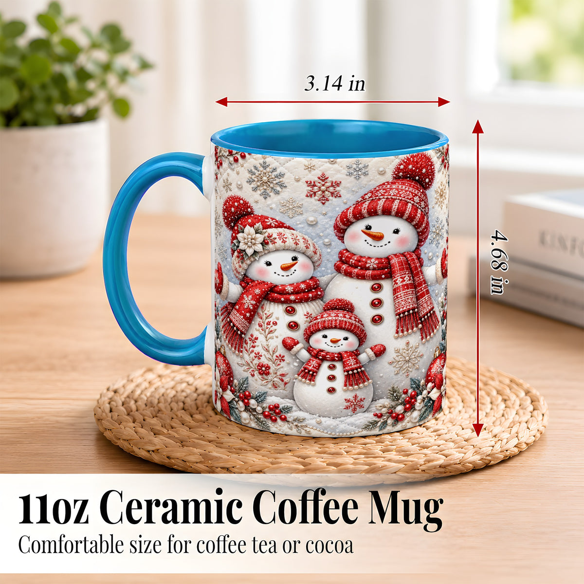 #pl[11oz|Blue] Snowman Family Coffee Mug, Poinsettia Snowman Mug, Ceramic Cup