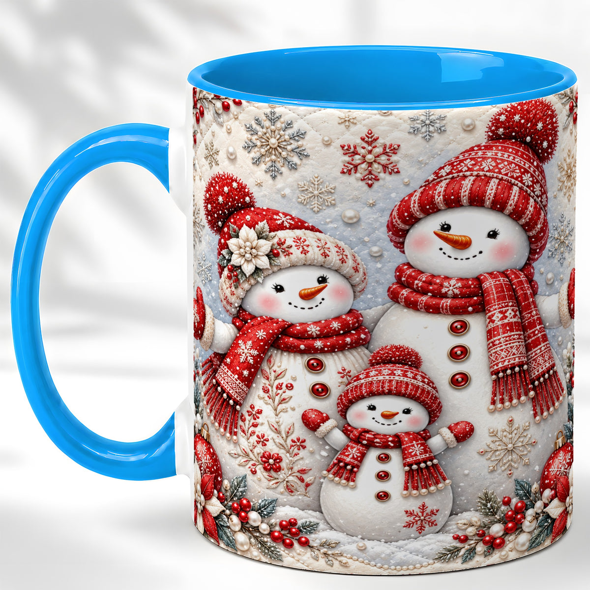 #pl[11oz|Blue] Snowman Family Coffee Mug, Poinsettia Snowman Mug, Ceramic Cup