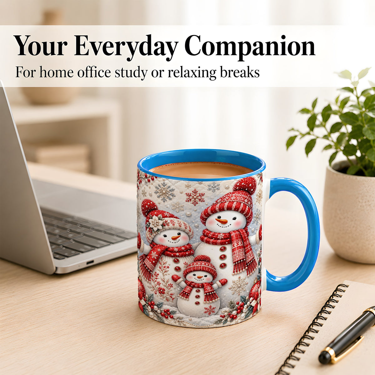 #pl[11oz|Blue] Snowman Family Coffee Mug, Poinsettia Snowman Mug, Ceramic Cup