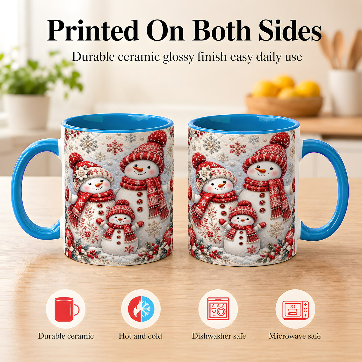 #pl[11oz|Blue] Snowman Family Coffee Mug, Poinsettia Snowman Mug, Ceramic Cup