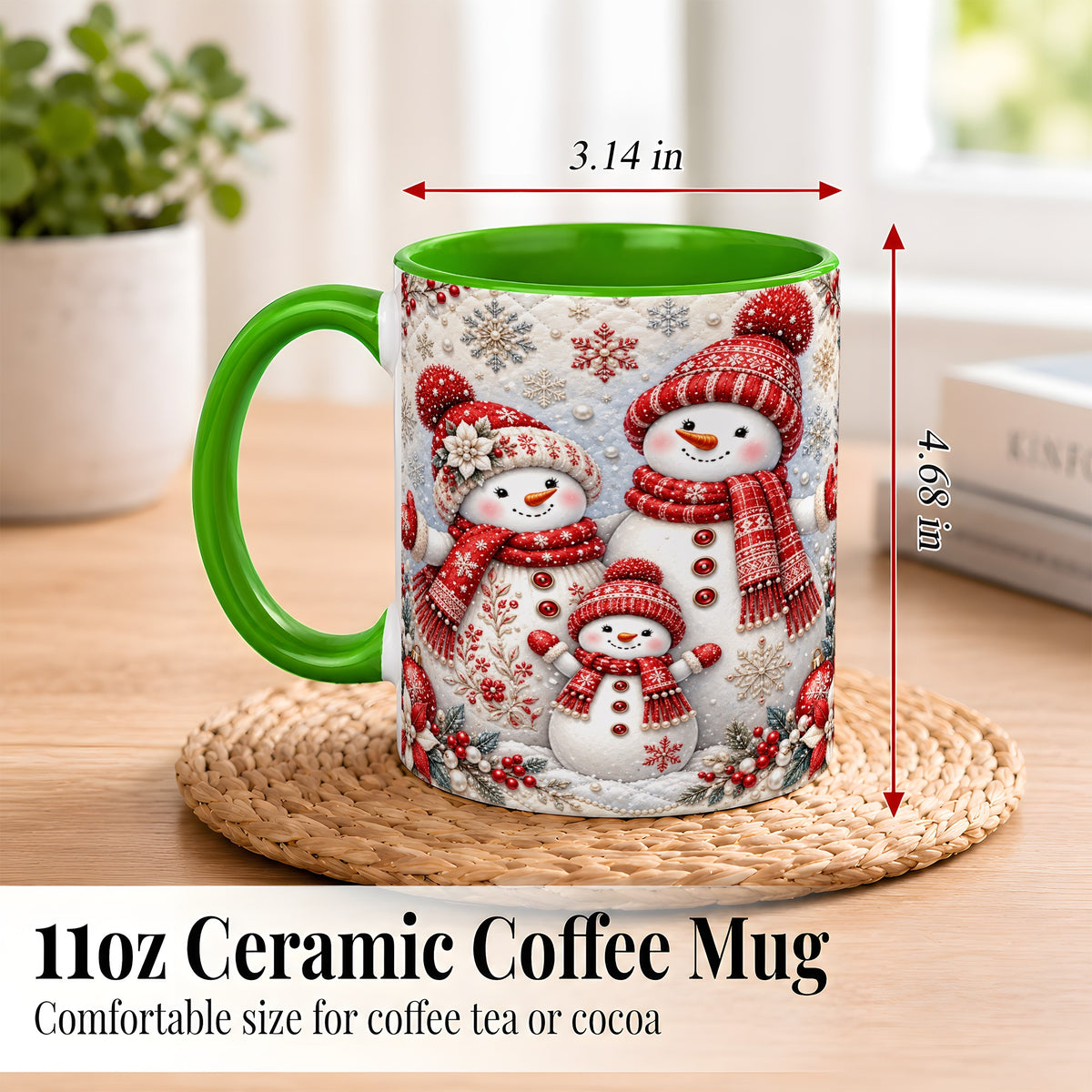 #pl[11oz|Green] Snowman Family Coffee Mug, Poinsettia Snowman Mug, Ceramic Cup