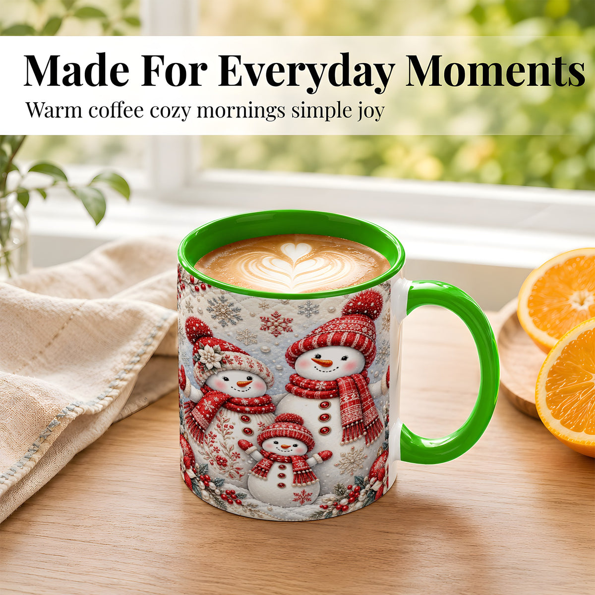 #pl[11oz|Green] Snowman Family Coffee Mug, Poinsettia Snowman Mug, Ceramic Cup