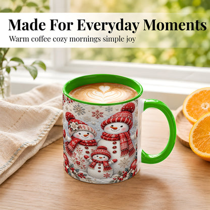 #pl[11oz|Green] Snowman Family Coffee Mug, Poinsettia Snowman Mug, Ceramic Cup