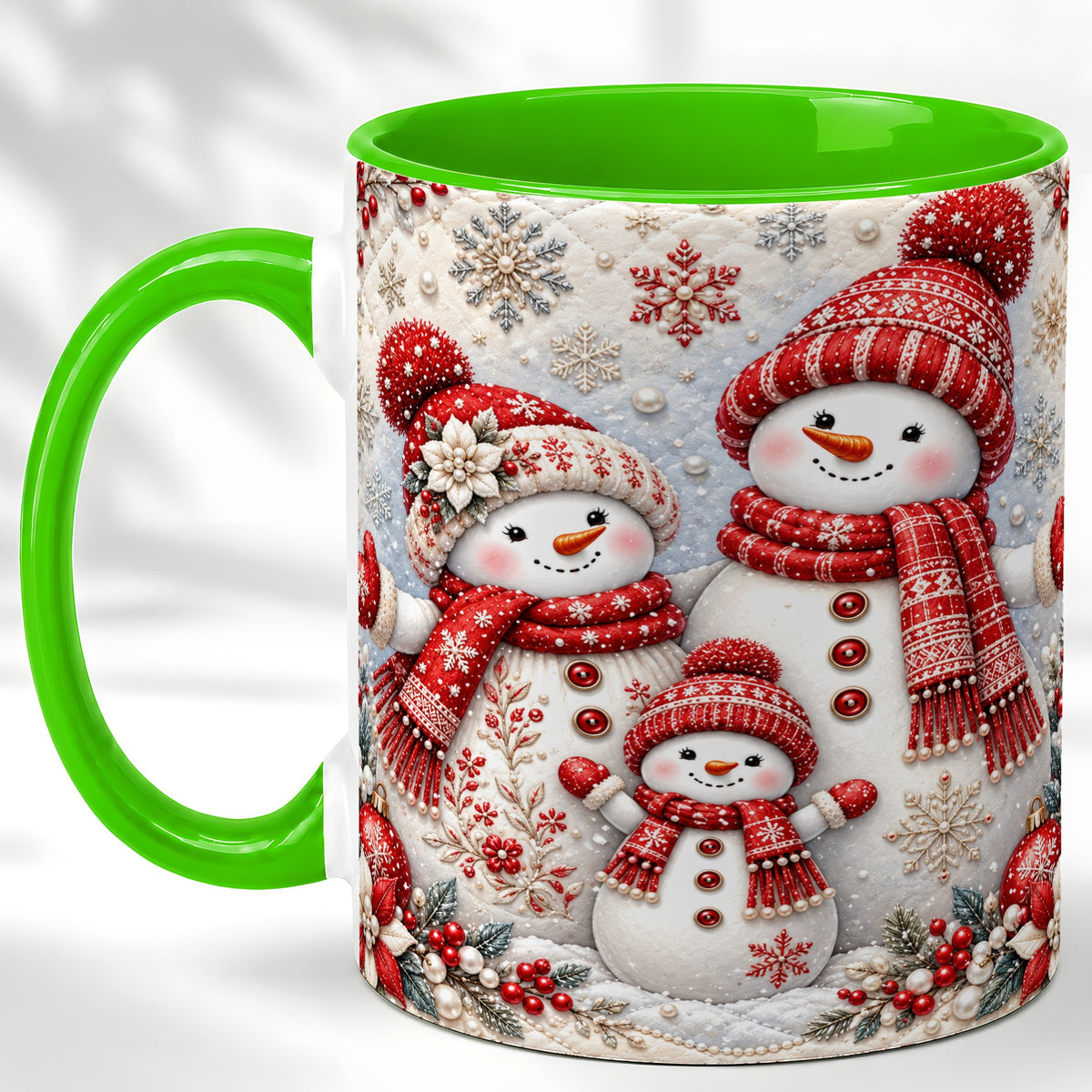 #pl[11oz|Green] Snowman Family Coffee Mug, Poinsettia Snowman Mug, Ceramic Cup