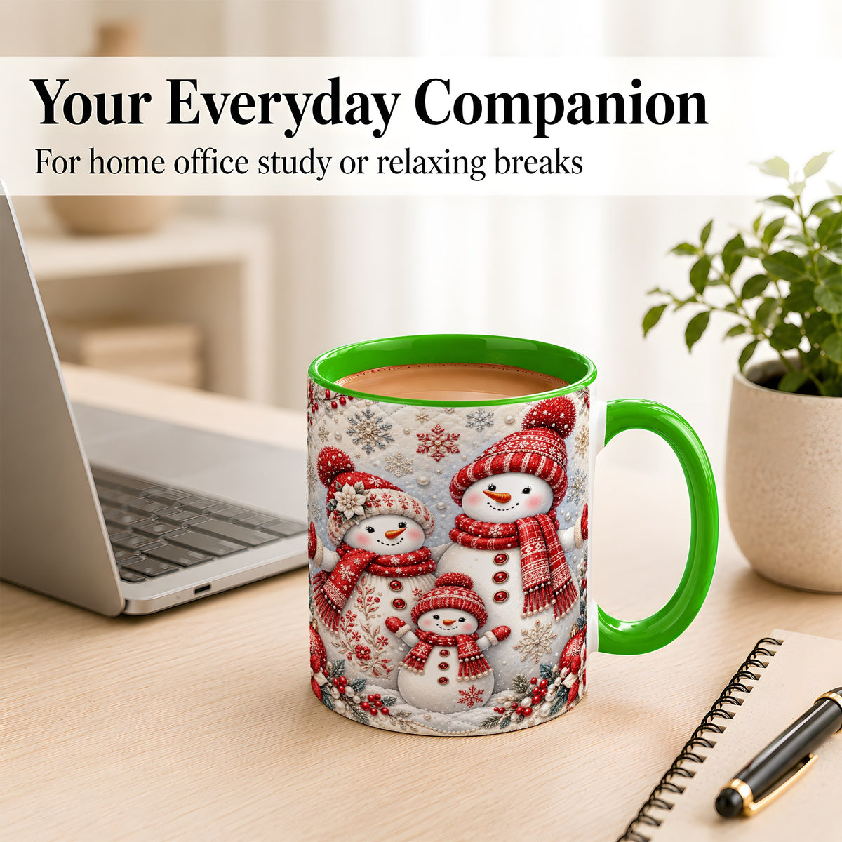 #pl[11oz|Green] Snowman Family Coffee Mug, Poinsettia Snowman Mug, Ceramic Cup