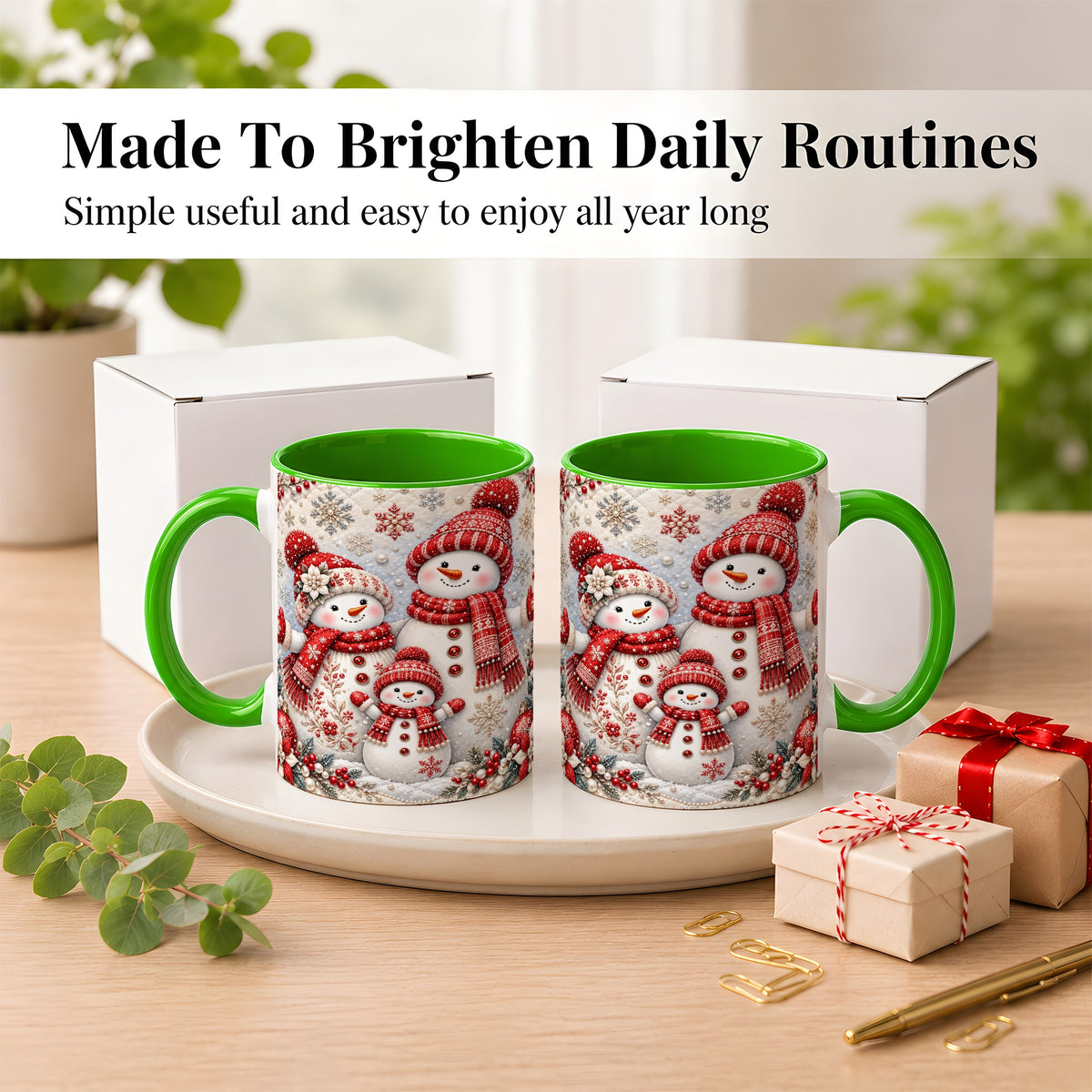 #pl[11oz|Green] Snowman Family Coffee Mug, Poinsettia Snowman Mug, Ceramic Cup
