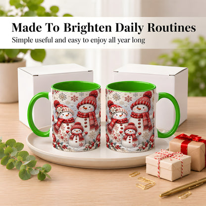 #pl[11oz|Green] Snowman Family Coffee Mug, Poinsettia Snowman Mug, Ceramic Cup